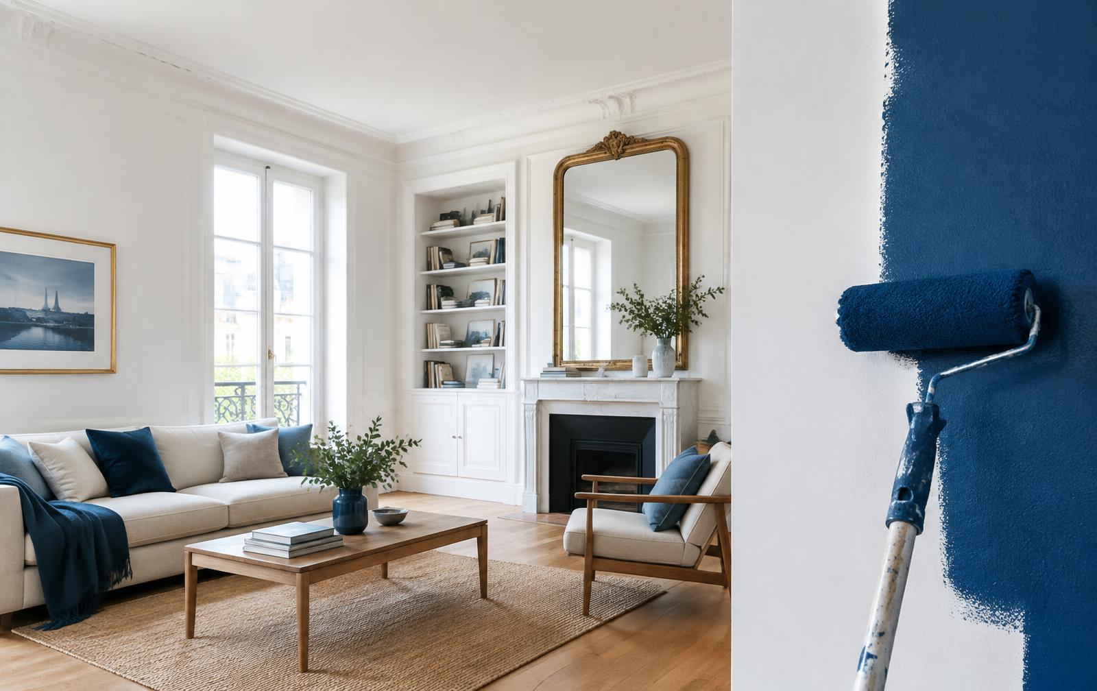 Salon rénové à Rennes, mur en cours de peinture bleue